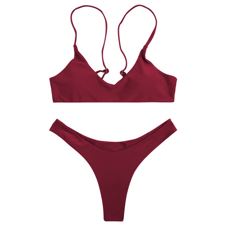 SherryDC Women's Solid Scoop Neck Push Up Padded Brazilian Thong Bikini Swimsuit,Wine Red,(US 4-6) M - Image 2